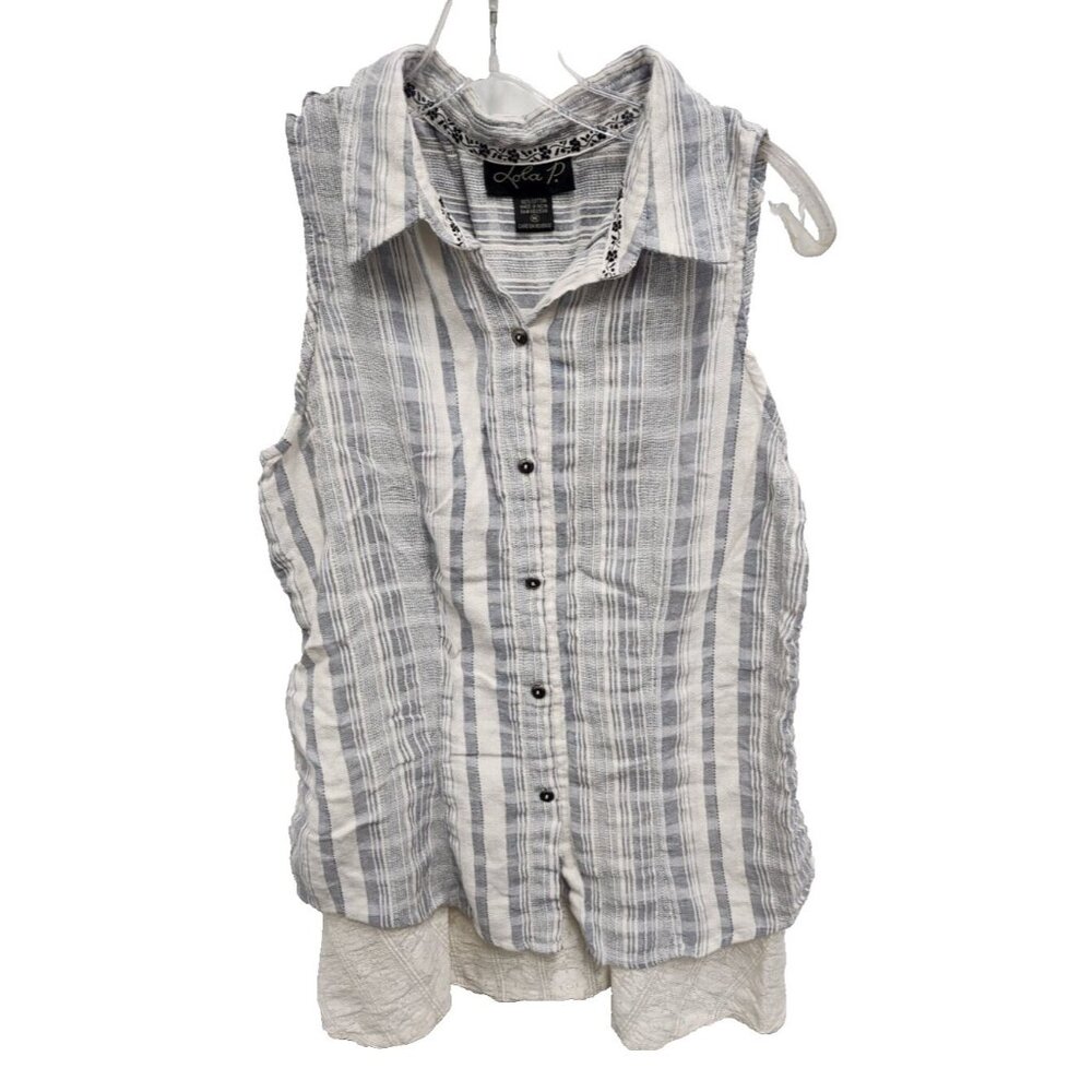 Lola P. Womens Sleeveless BOHO Top Medium Gray Plaid Collared Lace‎ Tail Casual